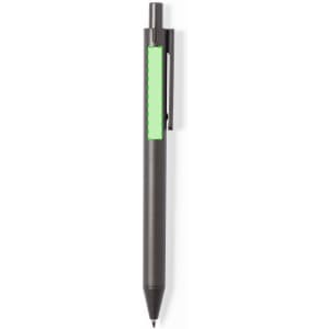 A grey pen with a green grip and a clip, featuring a simple design and a branding logo.