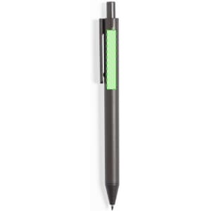 A black pen with a green accent and a clip, featuring a logo on the body.