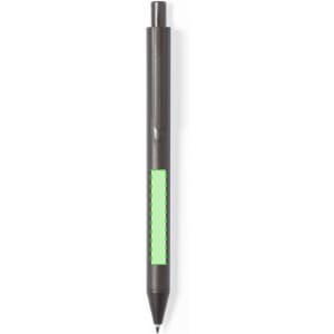 A black pen with a green grip and a logo, designed for writing purposes.