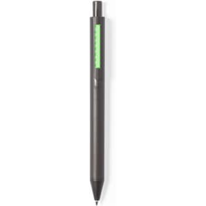 A black pen with a green accent and clip, featuring a logo on the body.