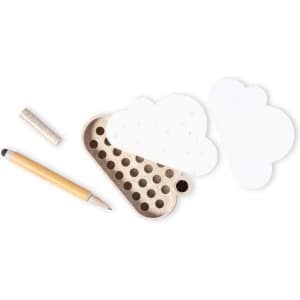A cloud-shaped notepad holder in white with a wooden pen and a roll of paper inside. Features a logo.