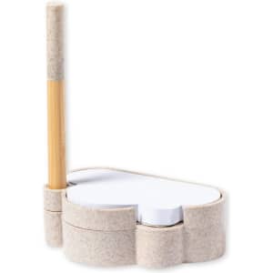 A heart-shaped notepad holder in grey, featuring a bamboo pen and white notepad inside. It has a logo on the side.