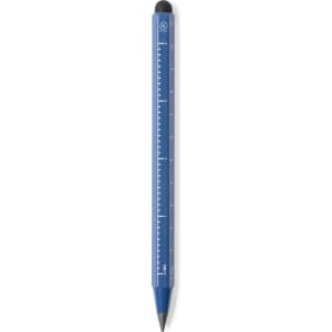 A blue multifunction pencil featuring a ruler and rubber tip for versatility in writing and drawing.