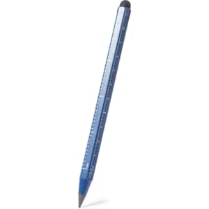 A grey-lead pencil in blue with a ruler design and a rubber tip. The pencil features a logo.