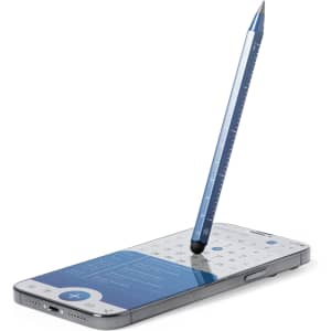 A blue multifunction pencil stands upright on a smartphone, showcasing its sleek design against a digital interface.