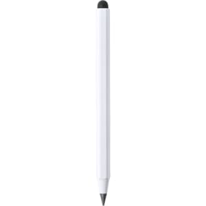 A white multifunction pencil featuring a black tip for writing and a grey lead core. It has a simple design and branding.