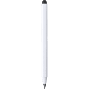 A grey-lead pencil with a white body and a black tip. The product has a logo displayed on its surface.