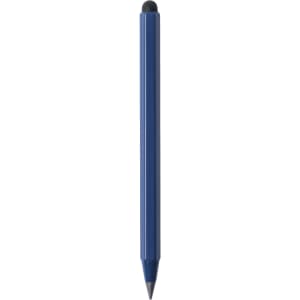 A blue multifunction pen with a grey lead for writing and a stylus tip at the end. It features a simple design and branding.