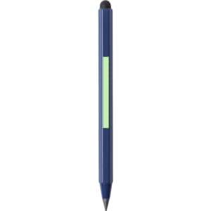 A multifunctional pencil in navy blue with a stylus tip and a logo. Ideal for various writing tasks.