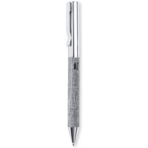 A silver metal pen with a textured grip and a clip, featuring a branding logo.