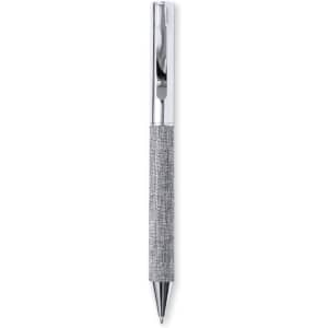 A metal pen with a textured grey grip and a shiny chrome clip, featuring a logo.
