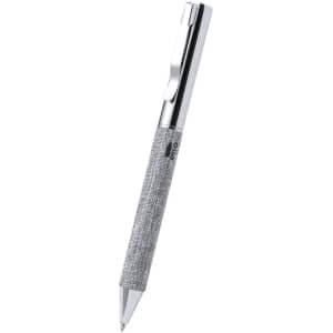 A metal pen with a silver finish and a textured grey grip, featuring a clip and branding.