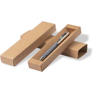 A metal pen with a grey grip, presented in a brown cardboard box. The packaging includes two separate boxes.