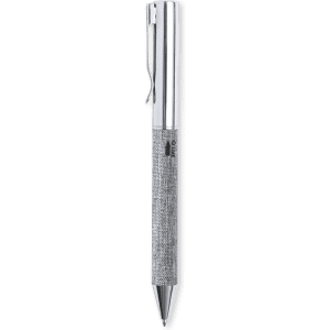 A metal pen with a textured silver grip and a shiny chrome clip, featuring a logo.