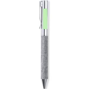 A metal pen featuring a silver body with a textured grey grip and a green accent. The pen includes a clip and branding.