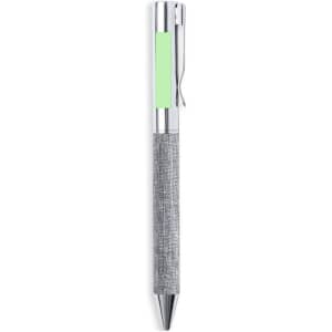A metal pen with a silver body, a textured grey grip, and a green accent near the clip, featuring a logo.