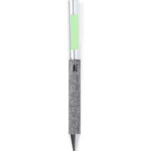 A metal pen with a textured grey body and a silver clip, featuring a green accent. It has a logo on the barrel.