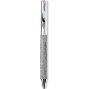 A metal pen with a sleek silver barrel and textured gray grip, featuring a chrome clip and branding.