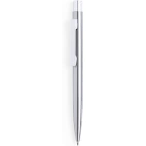 A sleek silver metal pen with a clip and a glossy finish, featuring a subtle logo.