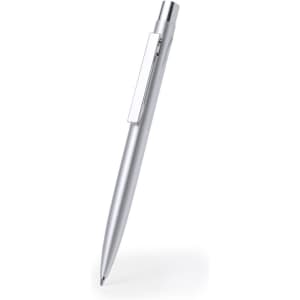 A metal pen in silver with a clip, featuring a sleek and minimalist design. It has a branding logo.