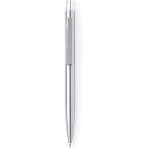 A metal pen with a sleek, silver design, featuring a smooth body and clip. It has branding embossed on the side.