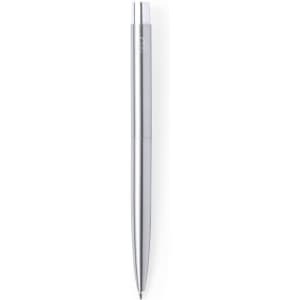 A metal pen in silver with a sleek design and a logo at the top.