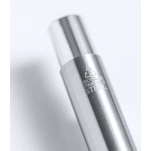 A metal pen in silver stainless steel with a cylindrical design and a logo engraved on the surface.