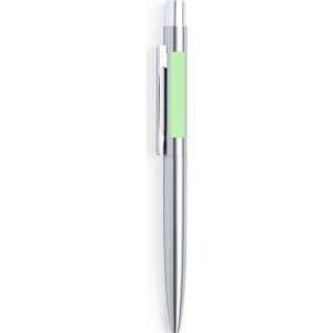 A silver metal pen with a green accent and a clip, featuring a branding logo.
