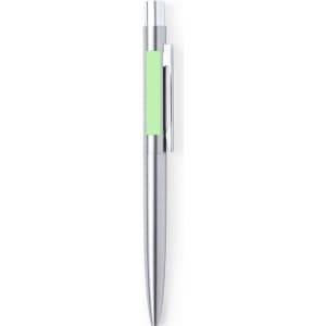 A metal pen with a silver body and a green grip, featuring a clip and a shiny finish. It has a logo on the body.