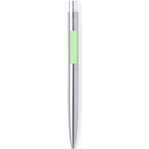 A metal pen featuring a silver body and a bright green grip, with a branding logo.