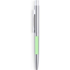 A metal pen in silver with a bright green grip. Features a clip and branding on the barrel.