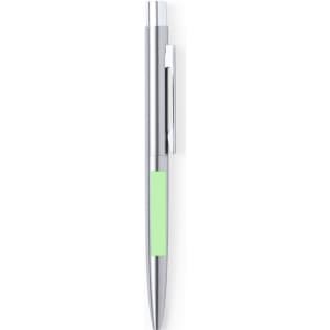 A metal pen with a sleek silver finish and a green grip section. It features a clip and a logo.