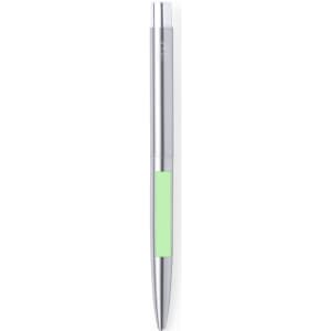 A metal pen with a silver body and a green grip. The pen features a branding logo.