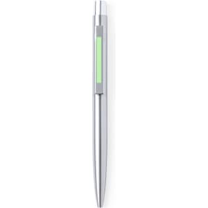 A metal pen in silver with a green accent and a branding logo. Elegant and sleek design for writing.