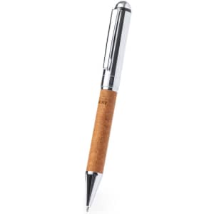 A metal pen with a chrome finish and a cork grip, featuring a branded logo.