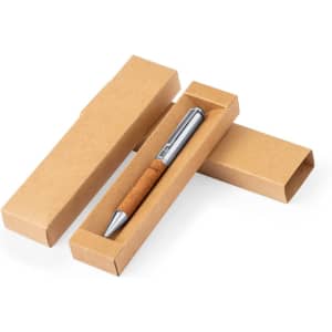 A metal pen with a brown cork grip, presented in a brown packaging box. The box is partially open.