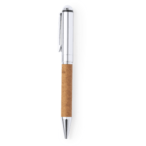A metal pen with a silver clip and a cork grip, featuring a branded logo.