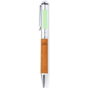 A metal pen with a chrome clip and a light brown cork body, featuring a green accent area and brand logo.