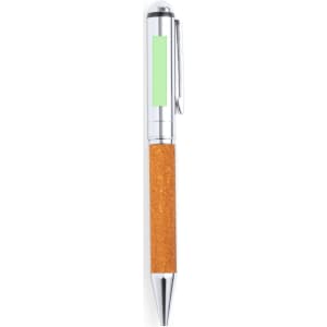 A metal pen with a chrome finish and a cork-textured orange body, featuring a small logo.