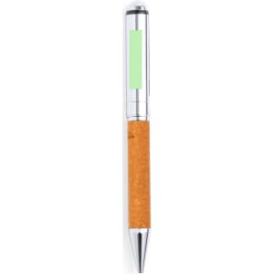 A metal pen with a chrome finish and a cork grip, featuring a green section on the barrel.