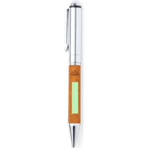 A metal pen with a chrome finish and a cork grip, featuring a logo on its body.