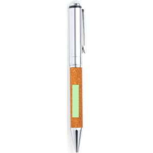 A metal pen featuring a shiny silver top and a cork-like textured orange body. It includes a logo.
