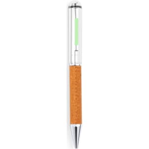 A metal pen with a cork grip and a transparent barrel, featuring a green accent and a chrome tip.