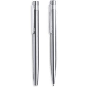 A set of two silver metal pens with sleek designs and clip attachments, featuring a logo on each pen.
