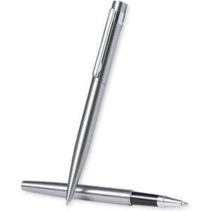 A set of two silver metal pens, one capped and the other with a retractable mechanism, featuring a branding logo.