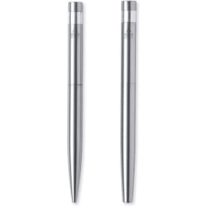 A set of silver metal pens with a sleek design, featuring a branding logo on the barrel.