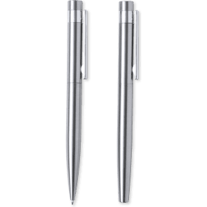 A set of two silver metal pens with sleek designs and a polished finish, featuring a logo on one side.