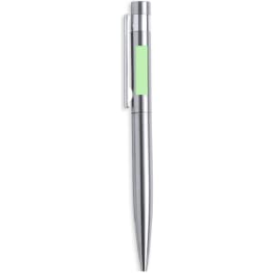 A sleek metal pen in silver with a green accent, featuring a polished clip and a modern design.