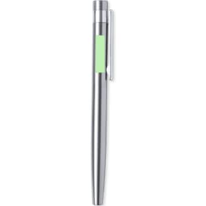 A metal pen in silver with a green accent and a clip for easy attachment. Features a sleek, polished design.