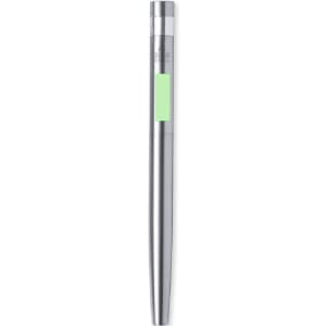 A metal pen in silver with a green accent, featuring a logo on its surface.